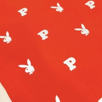 Teplákovina - Playboy červená zo zlatým trblietavým potiskom - cena za 10 centimetrov