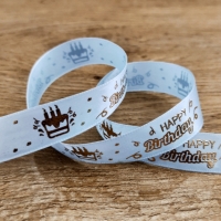 Ozdobná stuha 25 mm - Happy Birthday - Modrá