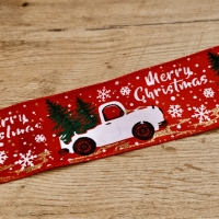 Ozdobná stuha 50 mm - Vianočné auto červený podklad