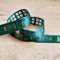 Ozdobná stuha 25 mm - Obojstranná potlač - Zelená Merry Christmas