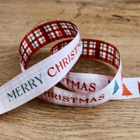 Ozdobná stuha 25 mm - Obojstranná potlač - Biela Merry Christmas