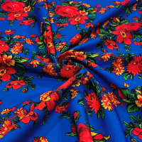 Krojova látka - Kvety červené na kráľovsko modrom - cena za 10 cm