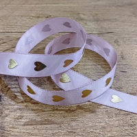 Ozdobná stuha 16 mm - Srdiečka zlaté na ružovom